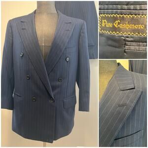 Oxxford Saks Double Breasted Cashmere Navy Blue Pinstripe 2 Pc Suit Sz 42 36 JP